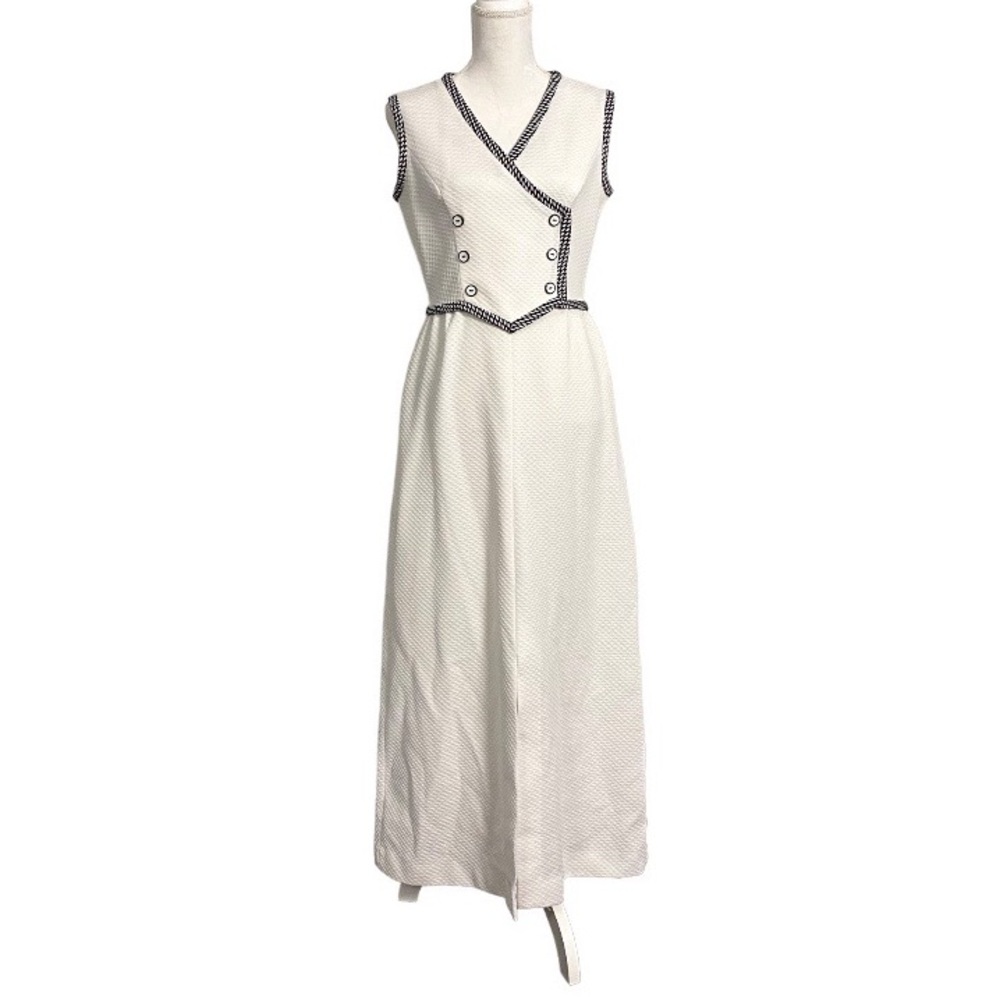 Vintage 60s White Sleeveless Maxi Dress Black Trim M Front Slit Button Front